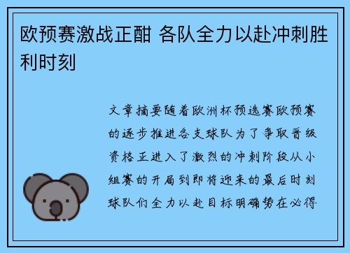 欧预赛激战正酣 各队全力以赴冲刺胜利时刻