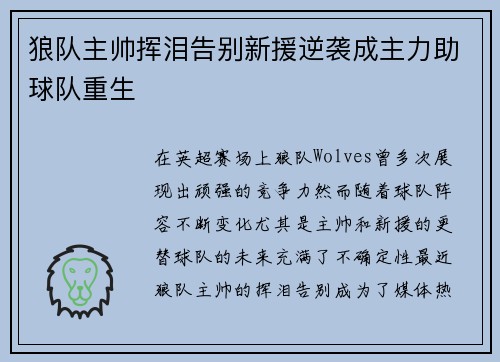 狼队主帅挥泪告别新援逆袭成主力助球队重生
