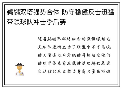 鹈鹕双塔强势合体 防守稳健反击迅猛带领球队冲击季后赛